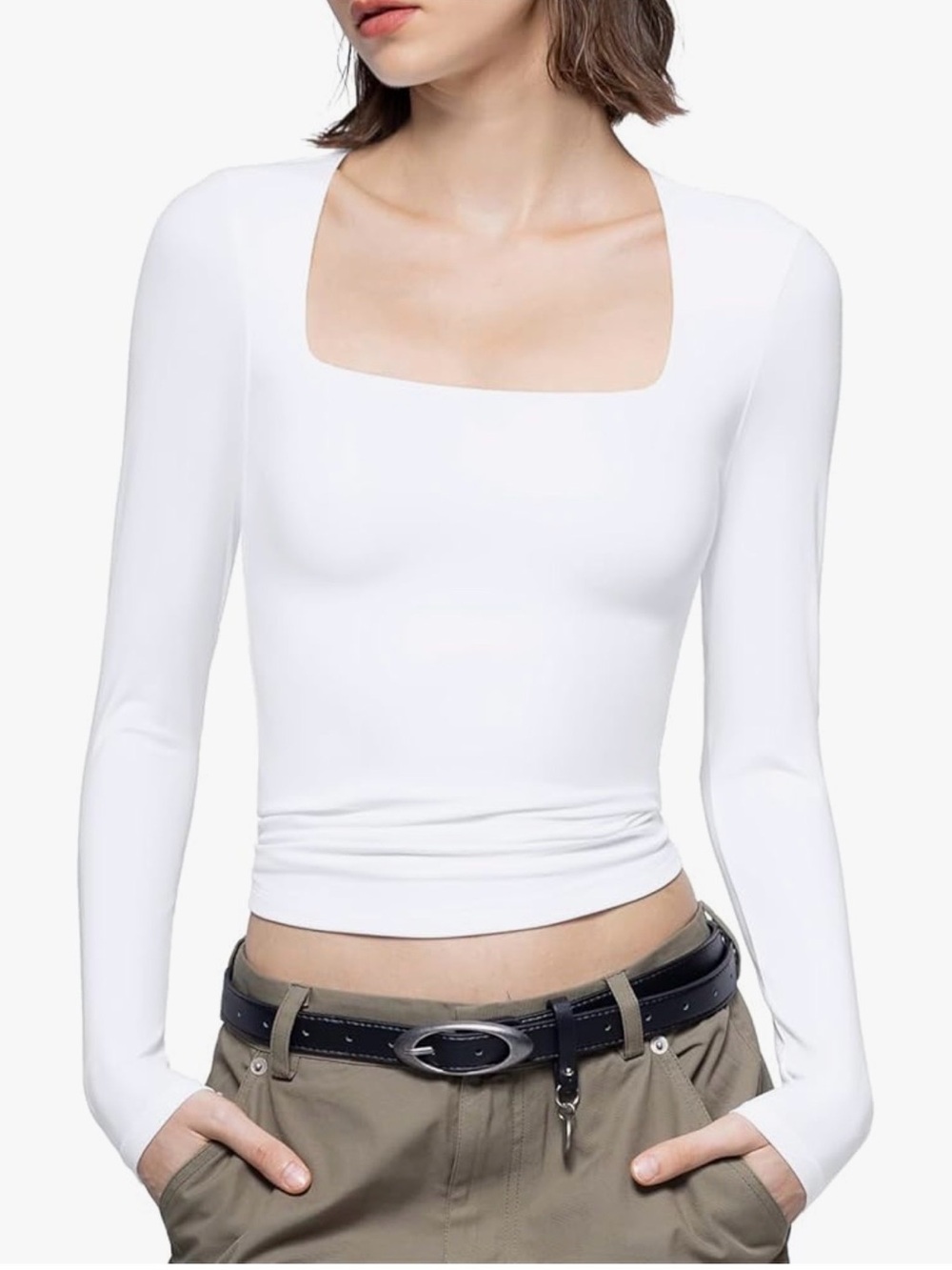 White Square-Neck Long Sleeve Top